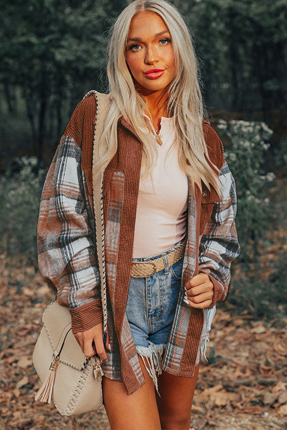 Cinnamon Plaid Corduroy Patchwork Pocket Loose Shacket - The Eggy's store