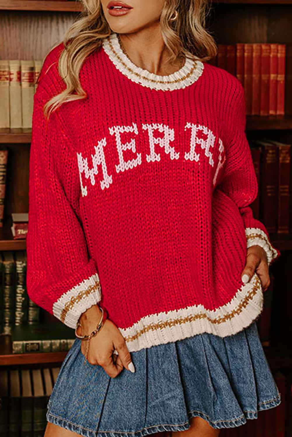 Fiery Red Merry Pattern Colorblock Edge Drop Shoulder Cozy Sweater