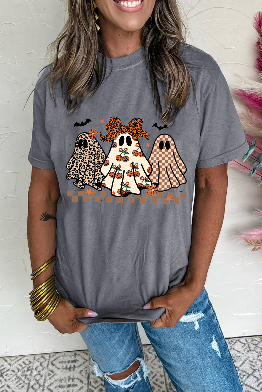 Three Ghosts Halloween Graphic T-Shirt with Cuffed Sleeves