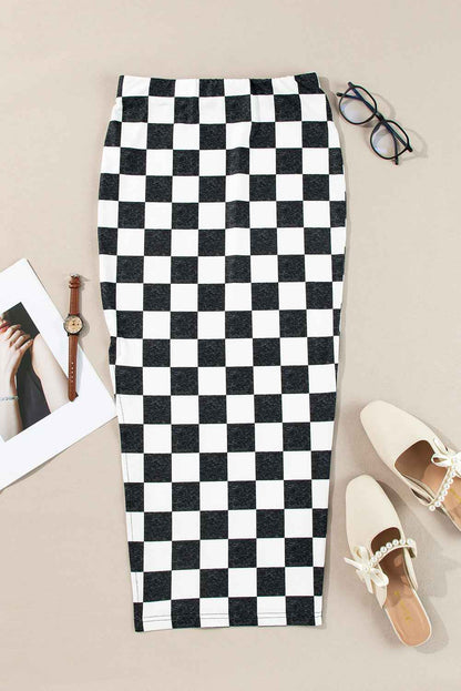 Checker Side Slit High Waist Midi Skirt