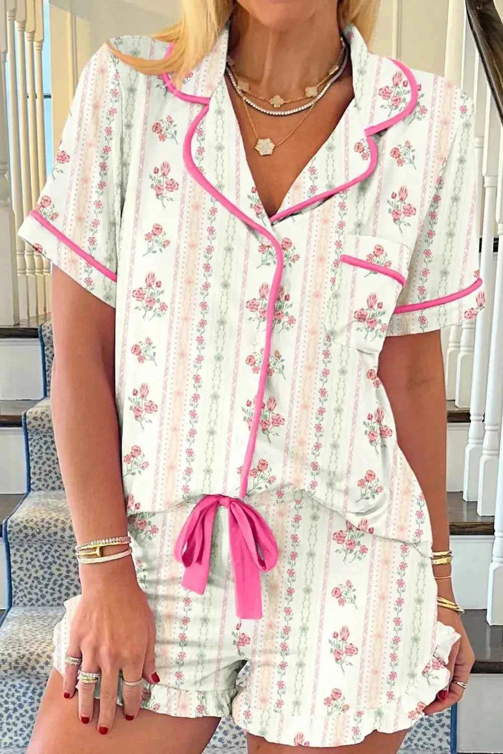 Cherry Bow Print Button Up Womens Loungewear Set