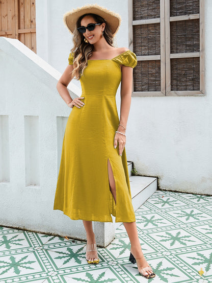 Women's Linen-Cotton Midi Dress - Versatile Off-Shoulder Design With Adjustable Tie-Back And Split Hem In Yellow, Green, And Orange - The Eggy's store