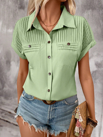 Lapel Shoulder Women's Pleated Pocket Shirt - Short Sleeve Women's Top - The Eggy's store