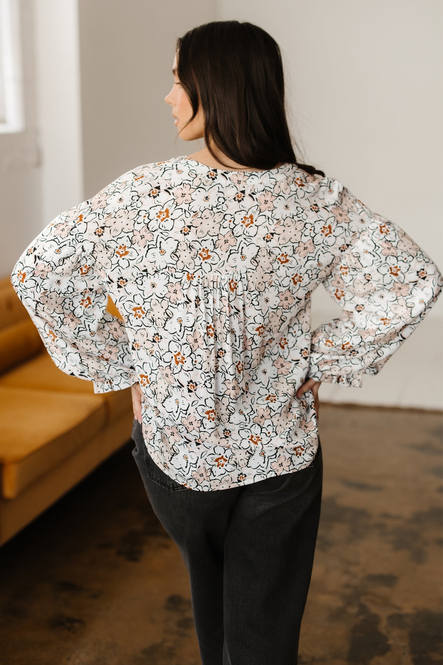 Khaki Bold Floral Print Frilled Puff Sleeve Button Down Women's Blouse