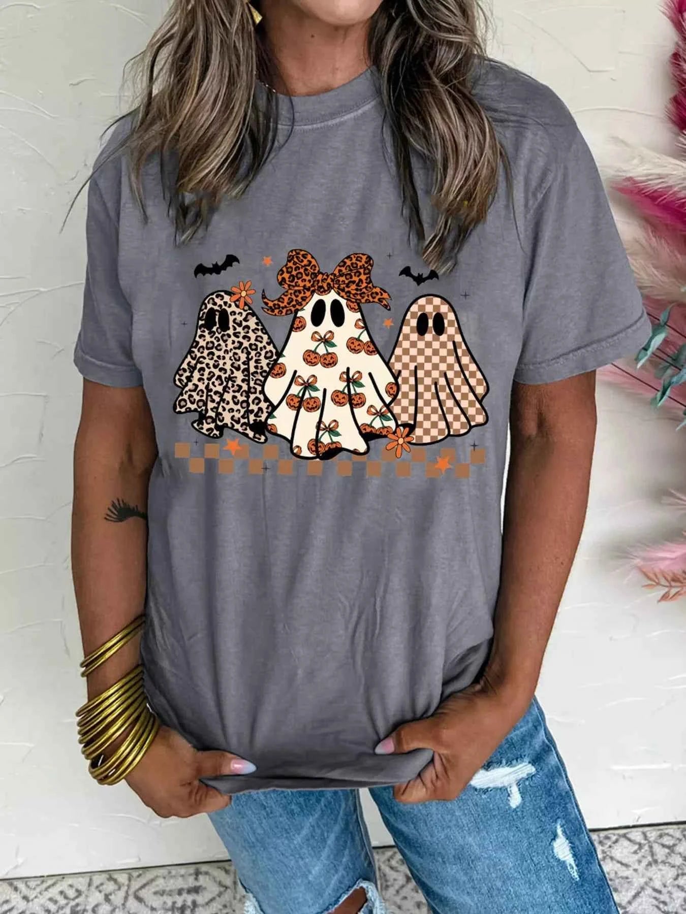 Round Neck Casual Ghost Halloween Graphic T Shirt