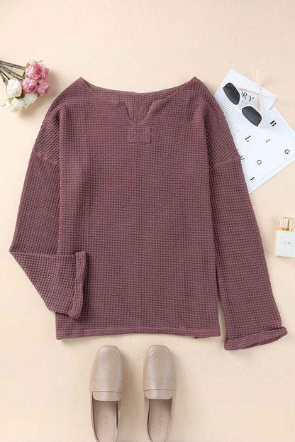 Solid Waffle Knit Long Sleeve Top