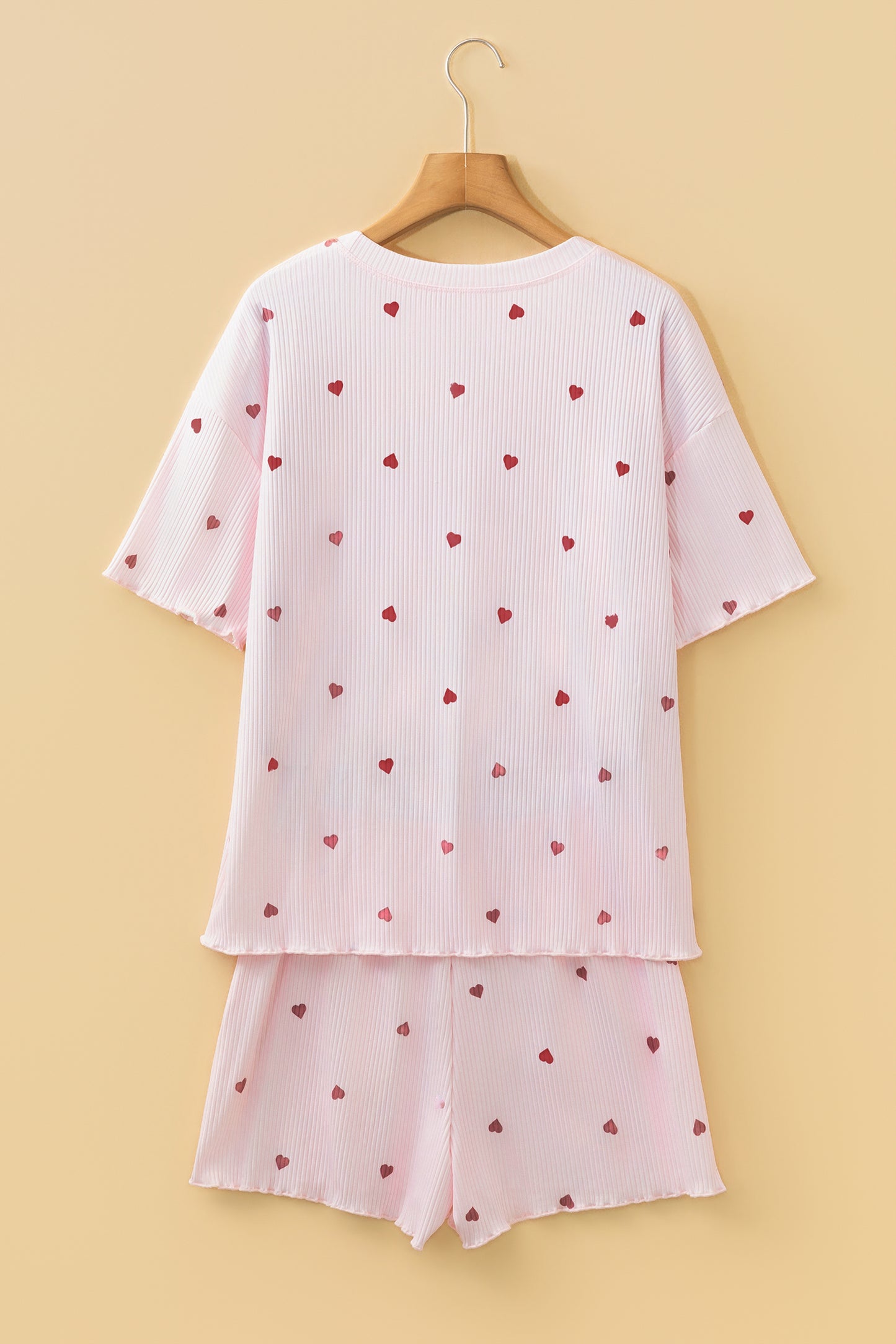 Light Pink Valentine Heart Shape Print Ribbed Knit Short Loungewear