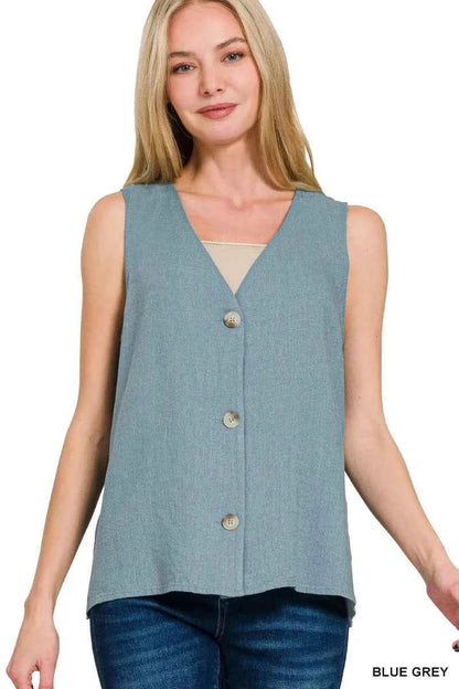 Zenana Side Slit Button-Front Vest