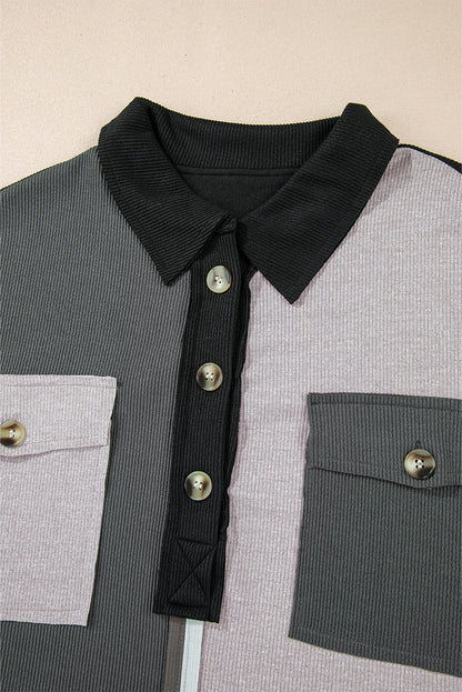 Colorblock Collared Ribbed Patchwork Pocketed Sweatshirt