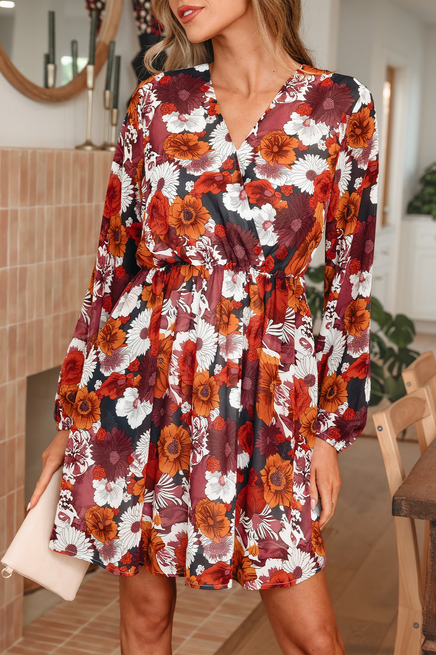 Red Floral Wrap V-Neck Puff Sleeve Mini Dress