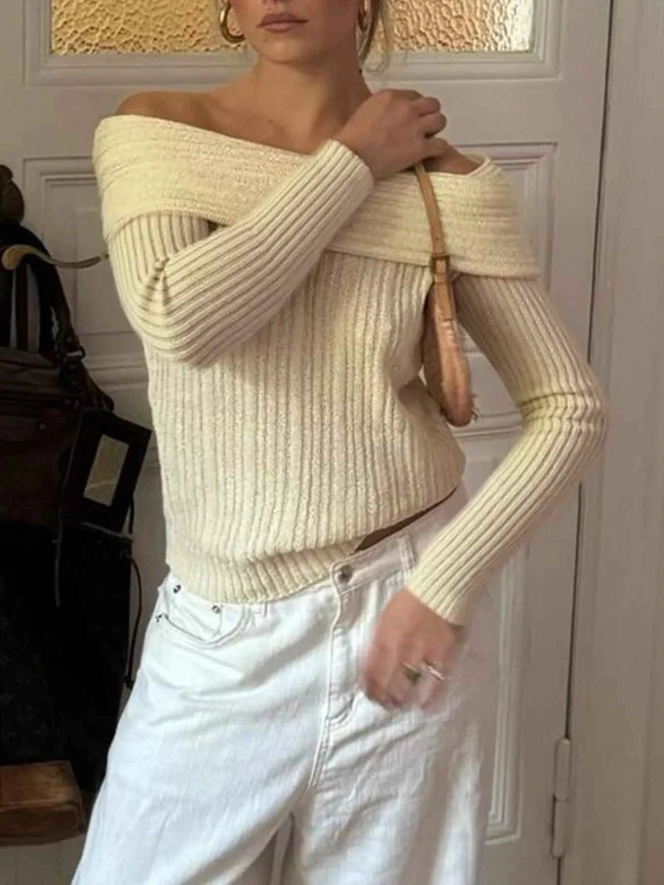 Off-Shoulder Ribbed Knit Sweater