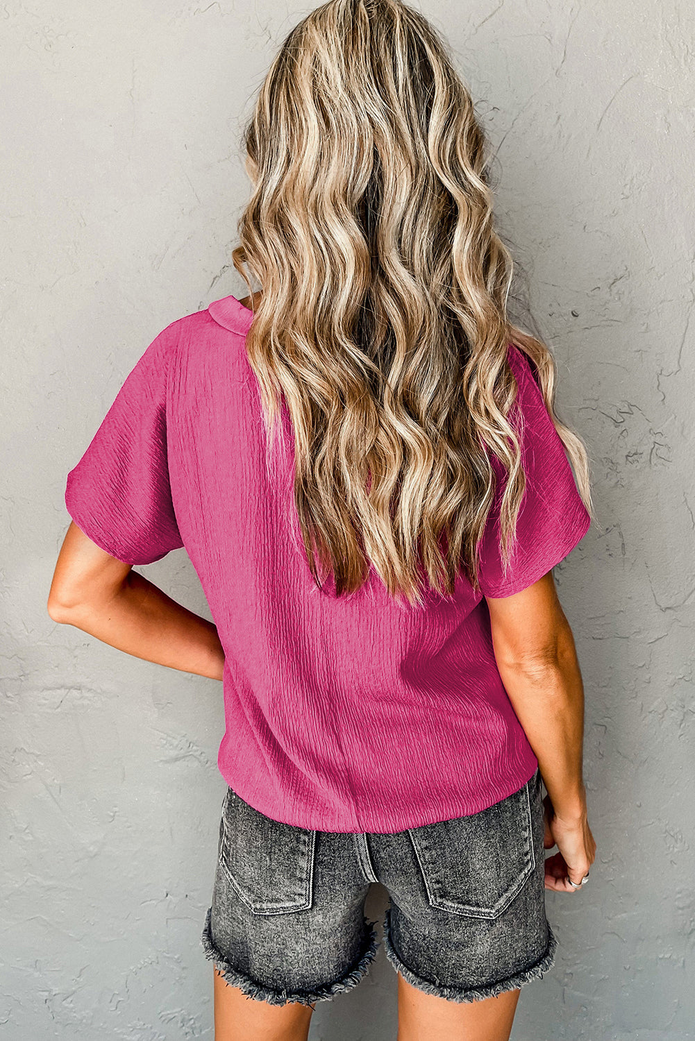 Crinkled V-Neck Wide Sleeve Women's T-Shirt