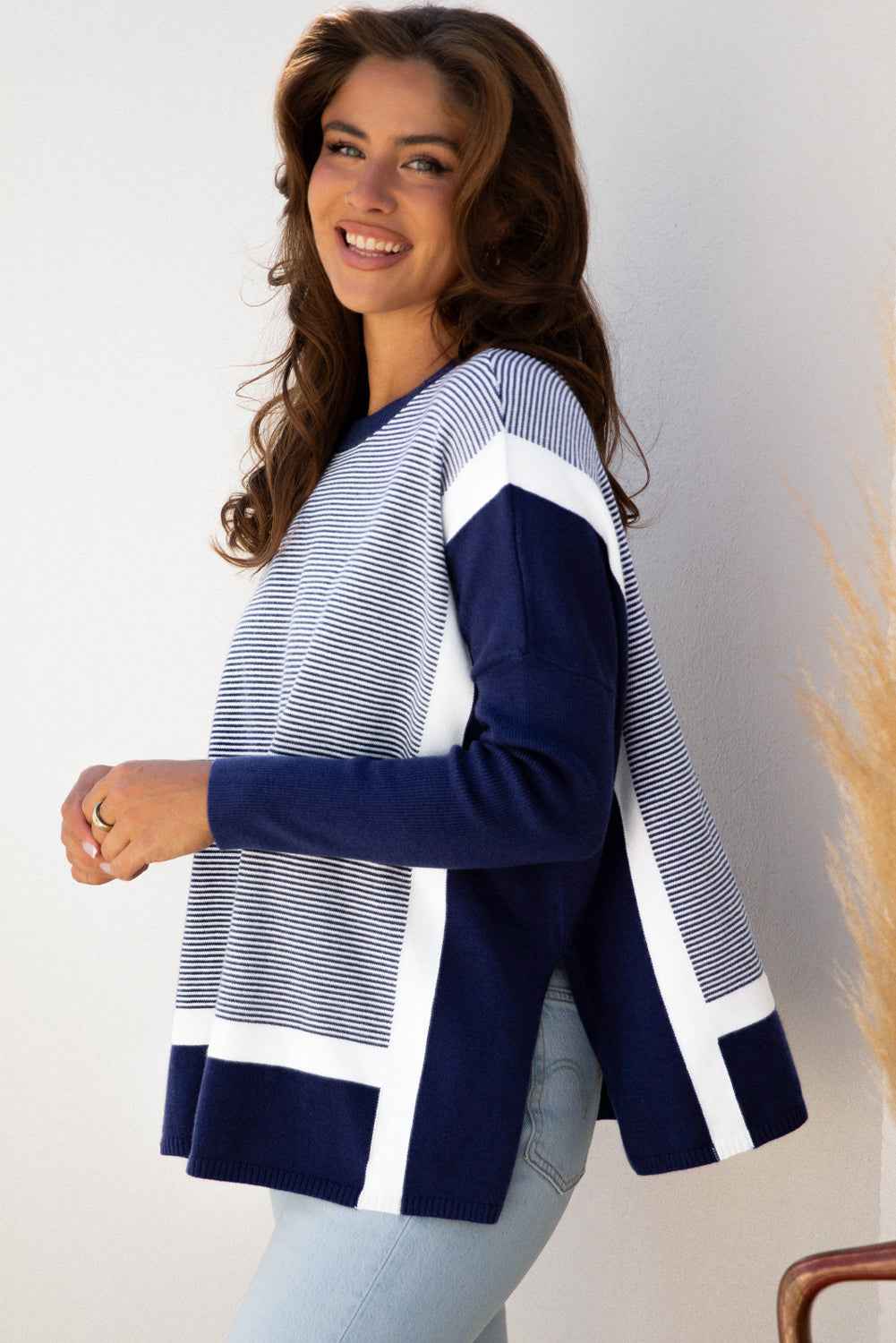 Stripe Colorblock Patchwork Dolman Sleeve Sweater