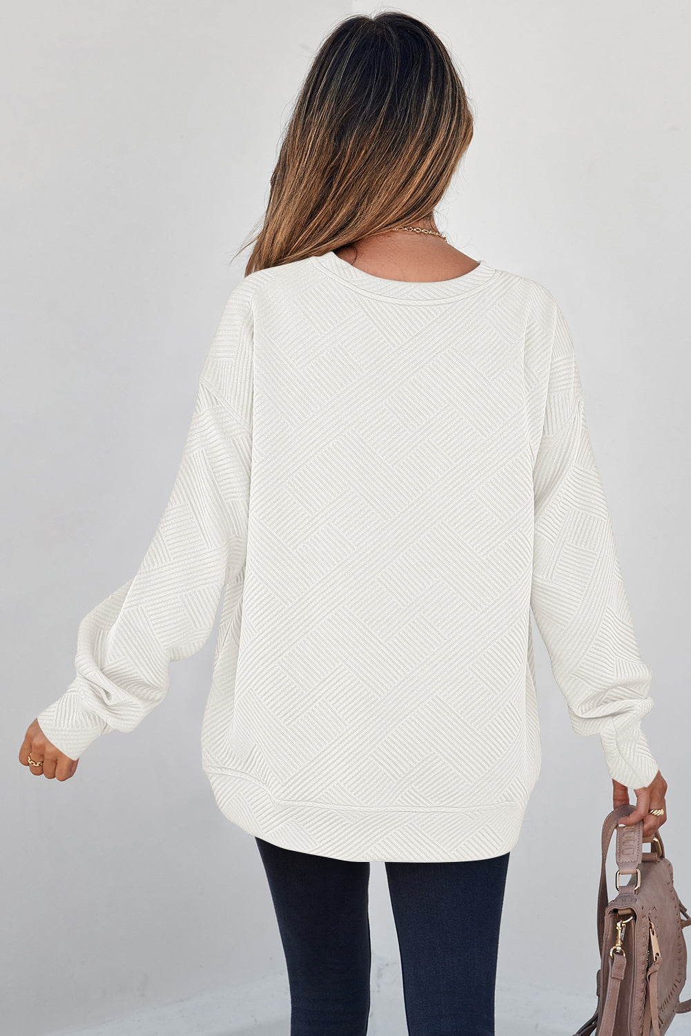 Solid Color Textured Round Neck Drop Shoulder Pullover Sweatshirt