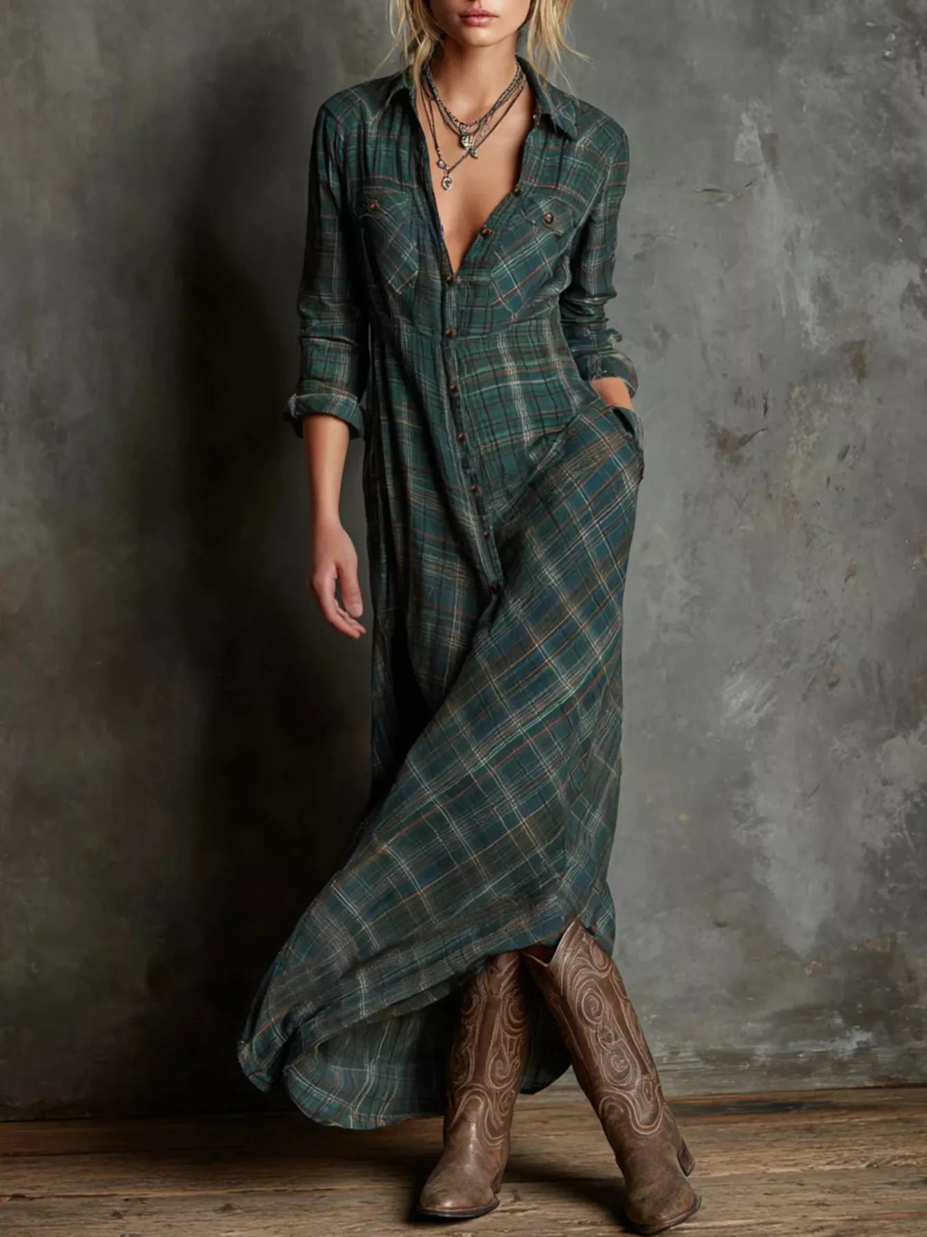 Plus Size Plaid Button-Down Maxi Dress