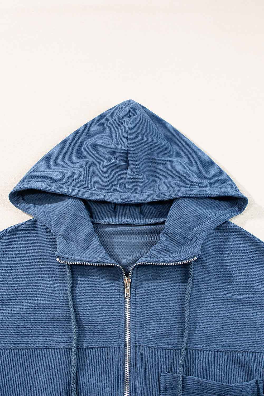 Solid Corduroy Zip-Up Pocketed Hooded Jacket