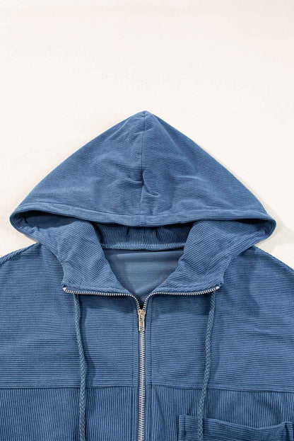 Solid Corduroy Zip-Up Pocketed Hooded Jacket
