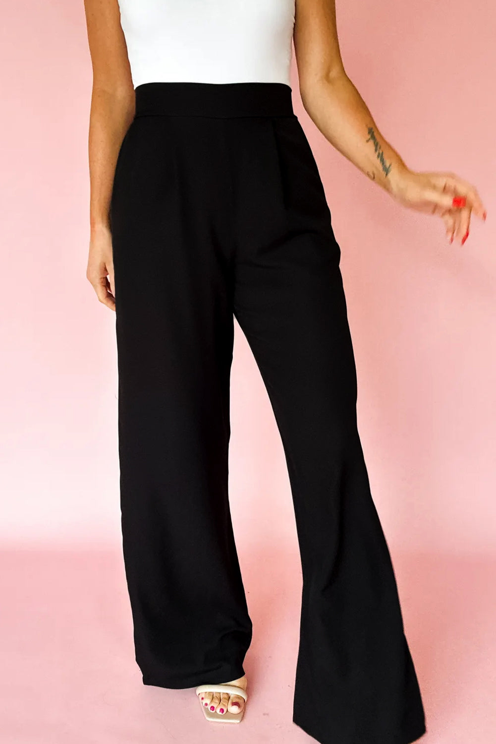Pleated Pull-On High Waist Straight Leg Pants