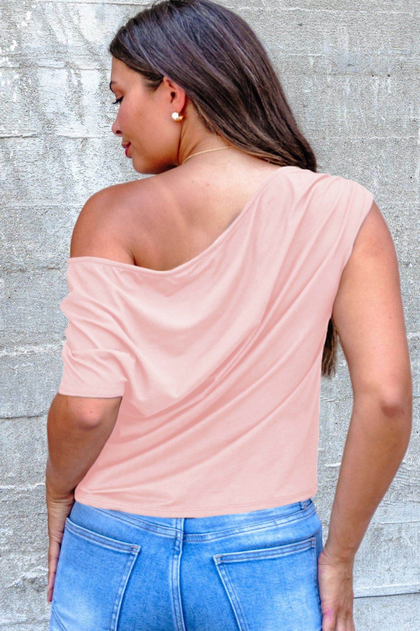 Gossamer Pink Plus Size Blouse – Asymmetric Neckline & Short Sleeves