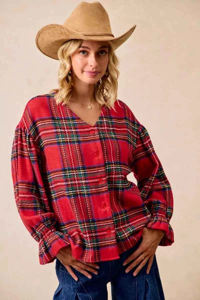 BiBi Christmas Plaid V-Neck Flounce Sleeve Jacket