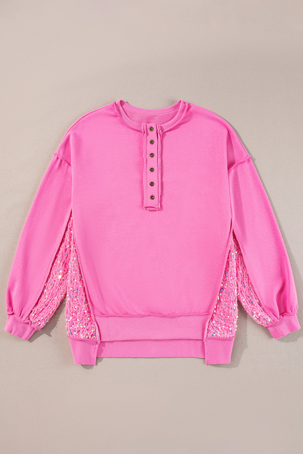 Bonbon Sequin Patchwork High Low Hem Henley Women's Sweatshirt