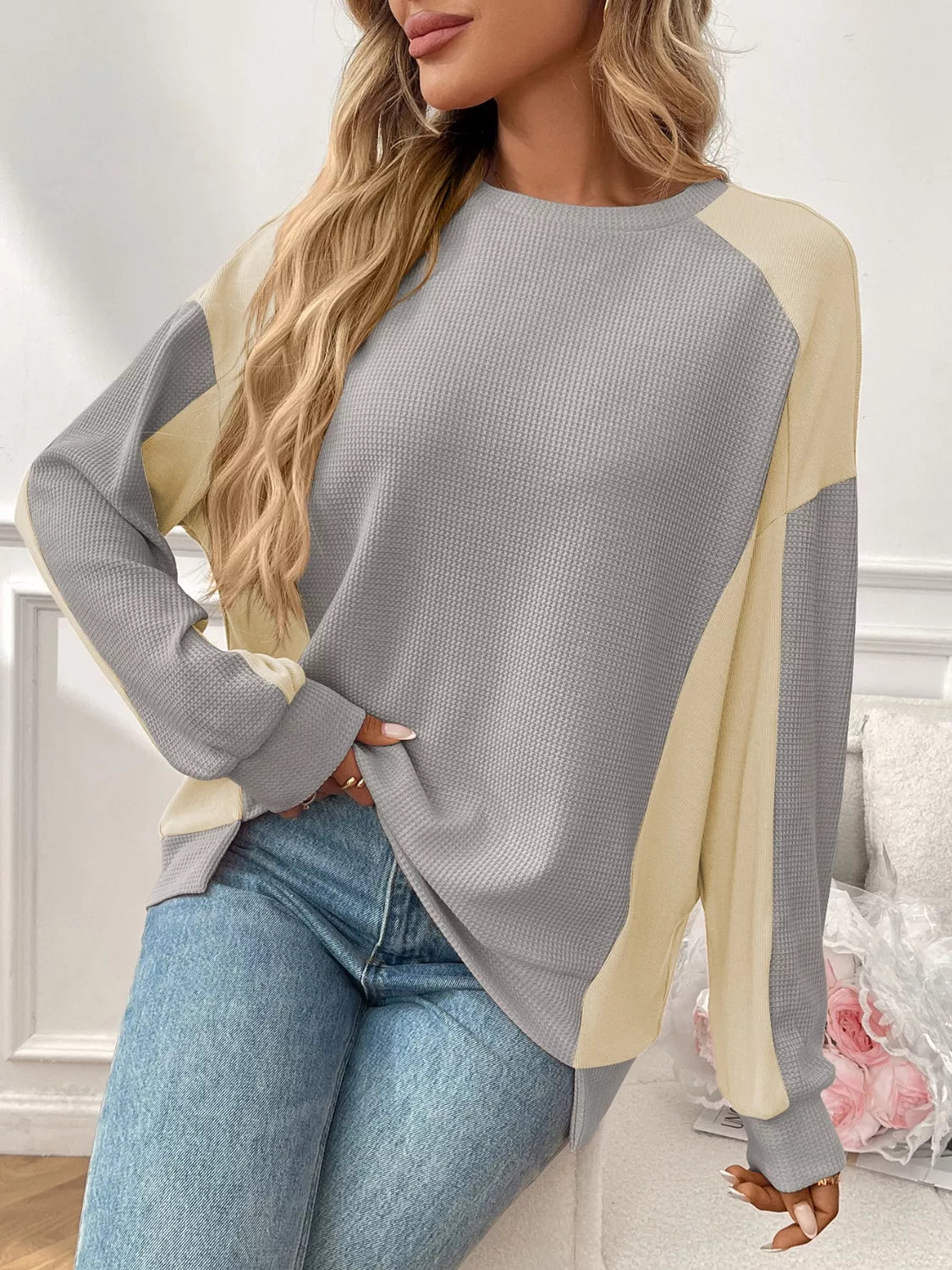 Color Block Waffle Knit Long Sleeve Sweater