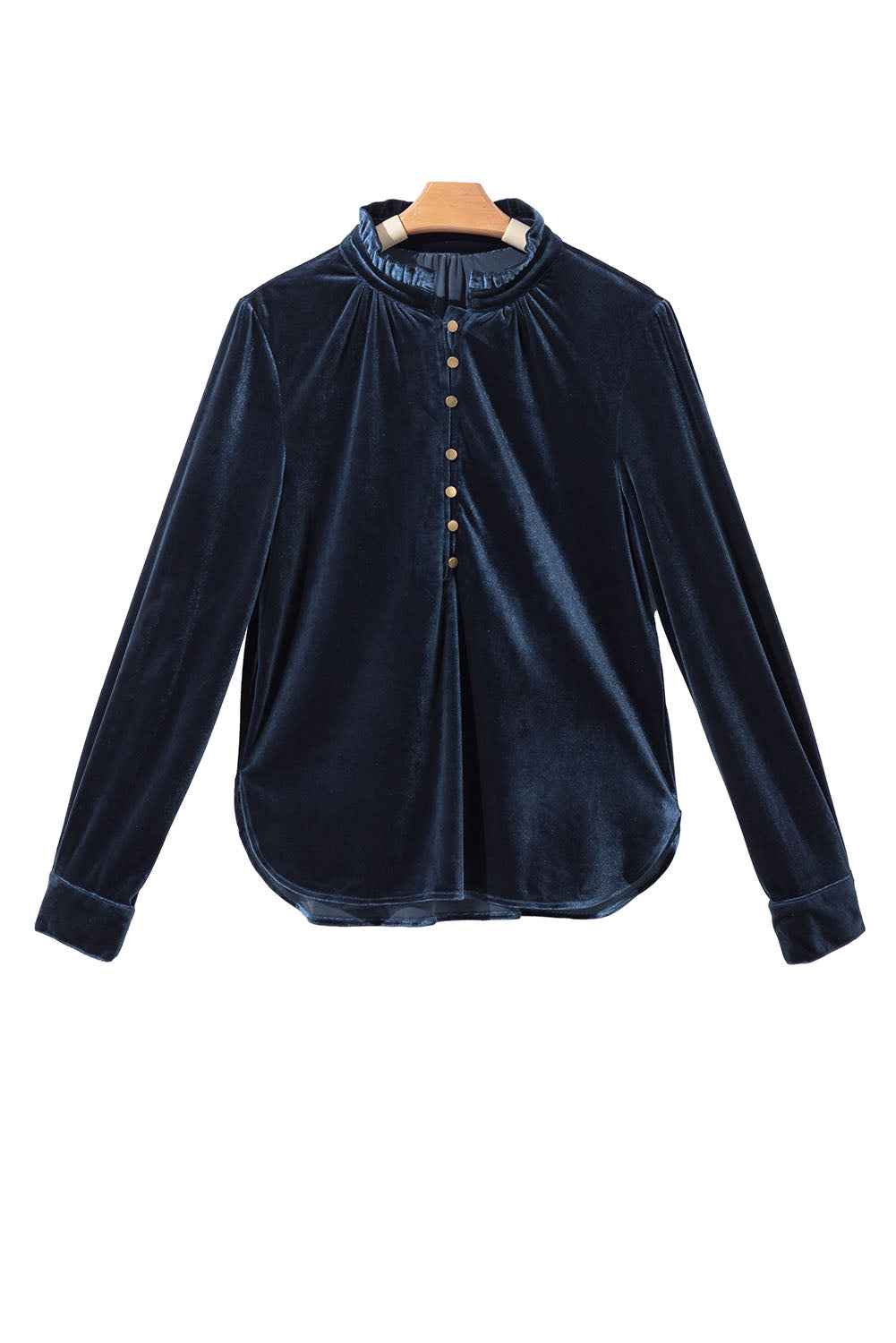 Green Frilled Neck Buttoned Front Velvet Wome Top