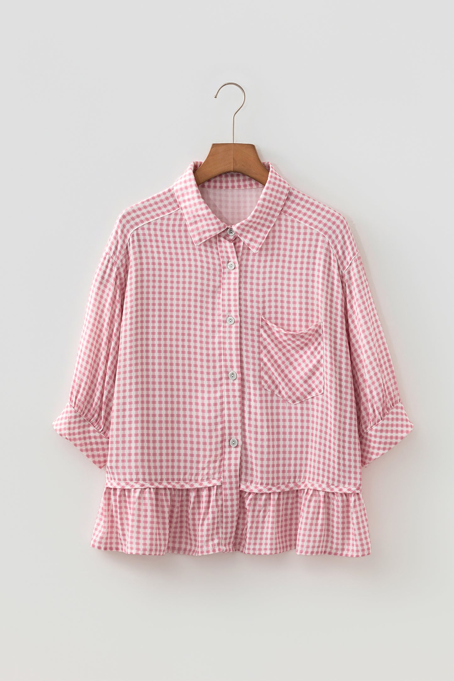 Pink Plaid Half Sleeve Ruffle Hem Button Down Blouse