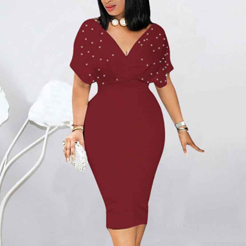 Women's Elegant Deep V Neck Wrap Bodycon Dress Back Zipper Pencil Midi Dress