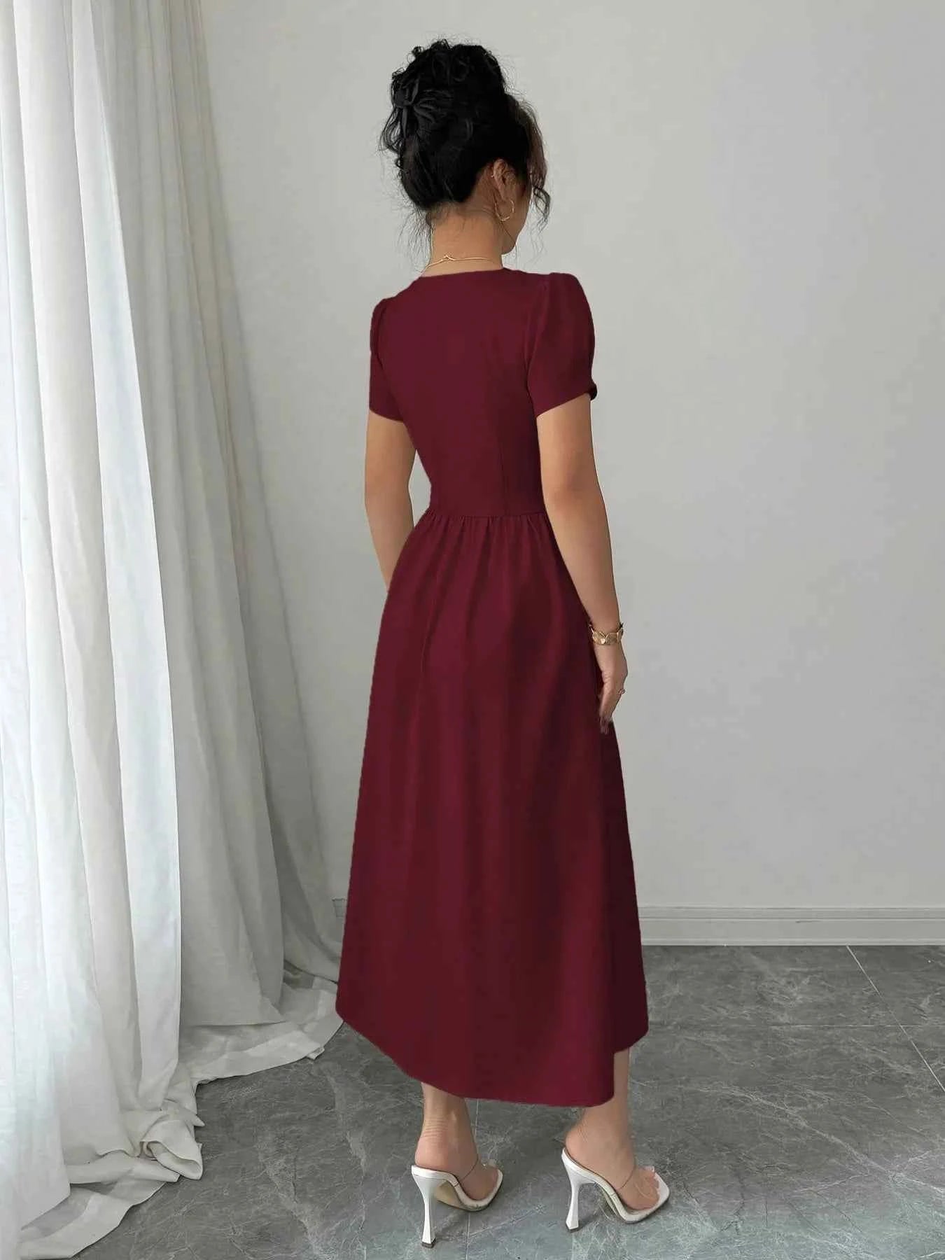 Square Neck Puff Sleeve Midi Dress