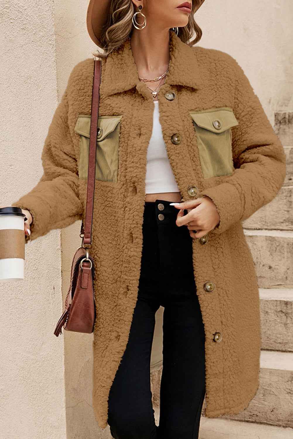 Beige Contrast Flap Pocket Single Breasted Teddy Coat