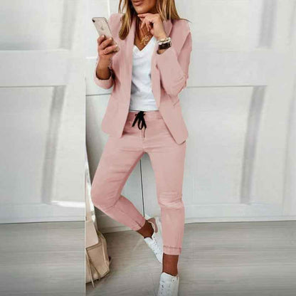 Women's Solid Color Long Sleeve Suit Set - Stylish Notch Lapel Blazer With Pockets & Drawstring Waist Pants, Spring&Fall Business Casual Outfit