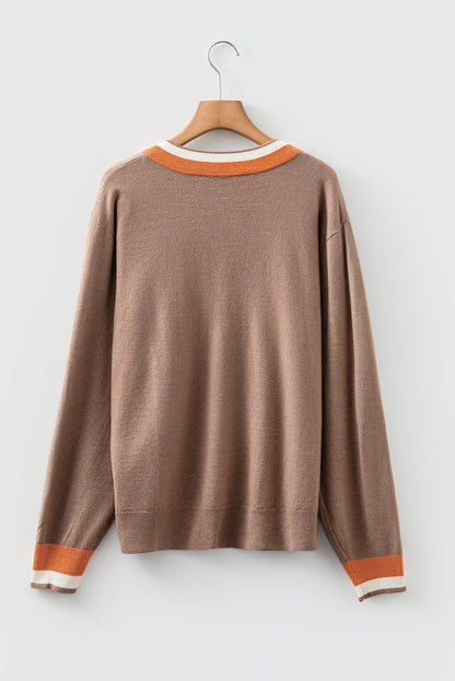 Varsity Stripe Contrast Trim V-Neck Sweater