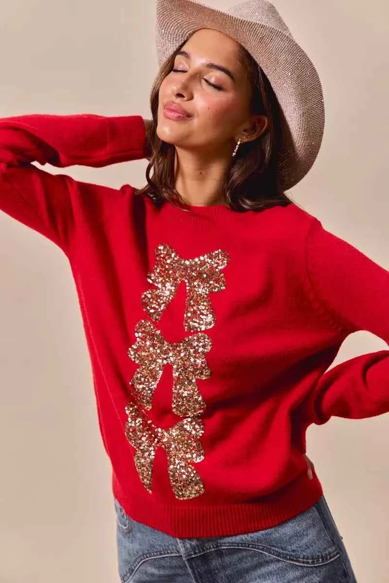 SO ME Sequins Bow Ribbon Embellished Christmas Sweater