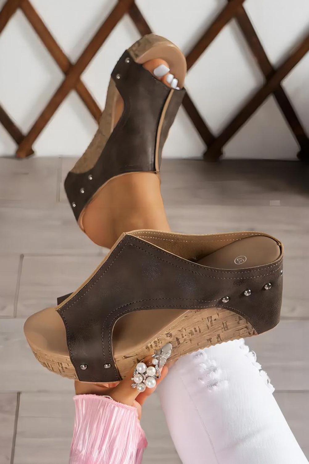 Chestnut Hollow Out Studded PU Leather Wedge Sandals