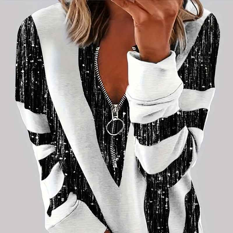 Women's Long Sleeve Shirts Zipper Color Block V Neck Tunic Tops Casual Blouse