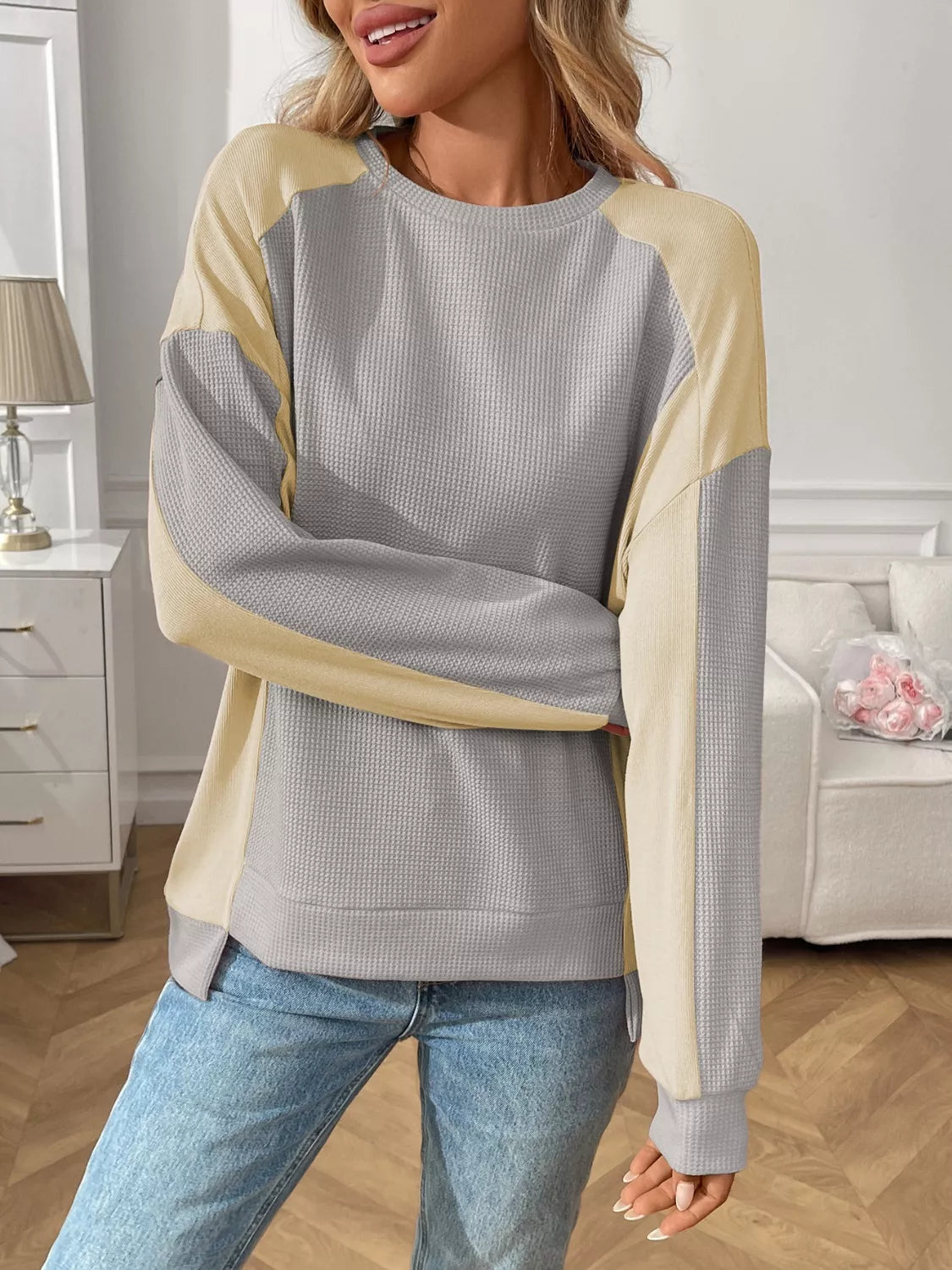 Color Block Waffle Knit Long Sleeve Sweater