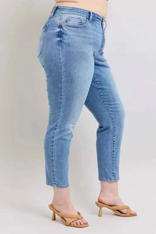 Judy Blue Full Size Mid Rise Vintage Wash Slim Jeans with Cell Phone Pocket Plus Size