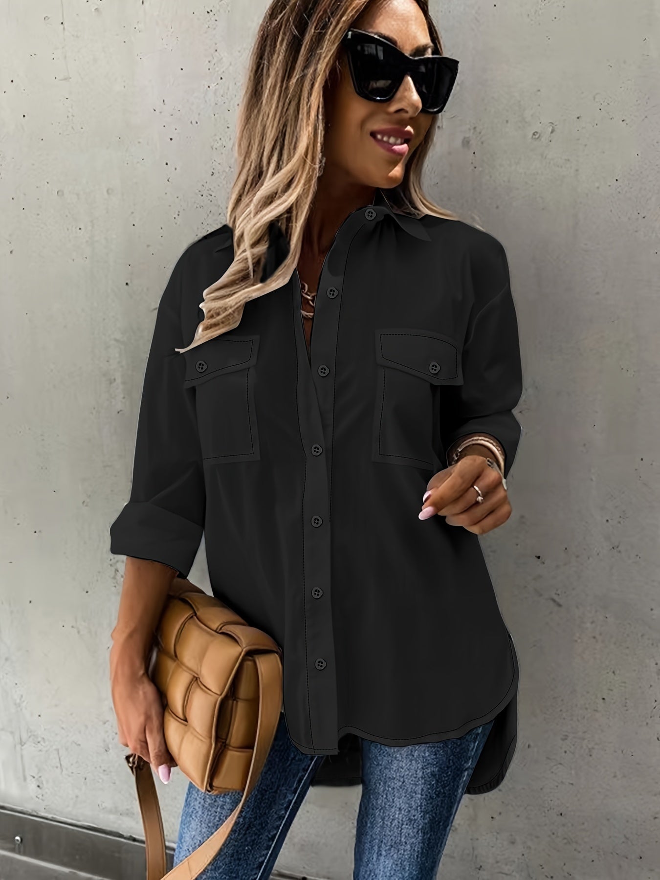 Simple Casual Long Sleeve Blouse with Pocket Women's Blouse