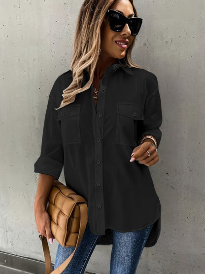 Simple Casual Long Sleeve Blouse with Pocket Women's Blouse