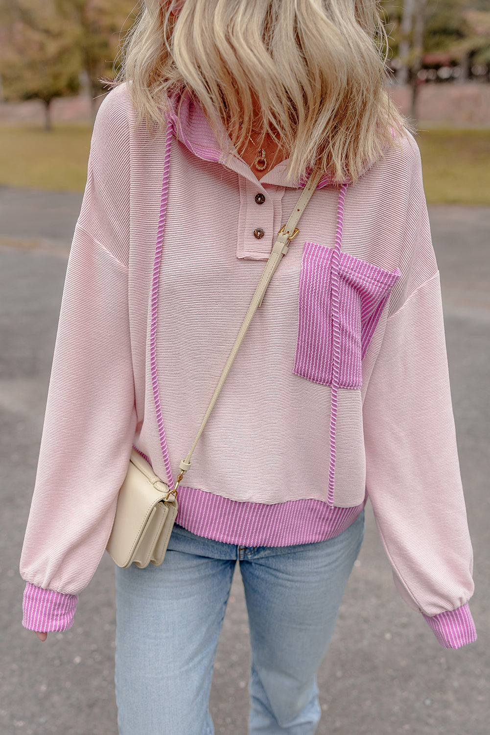 Light Pink Corded Colorblock Patch Pocket Hooded Women's Top