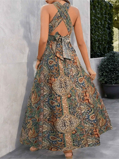 Women Print Maxi Dress High Waisted Cross Halter Neck With Tie Detail,Flowing Vacation Gown In Teal, Blue-Green & Brown Paisley   Pattern, Machine Washable, Summer Fashion Decorative Tie Detail