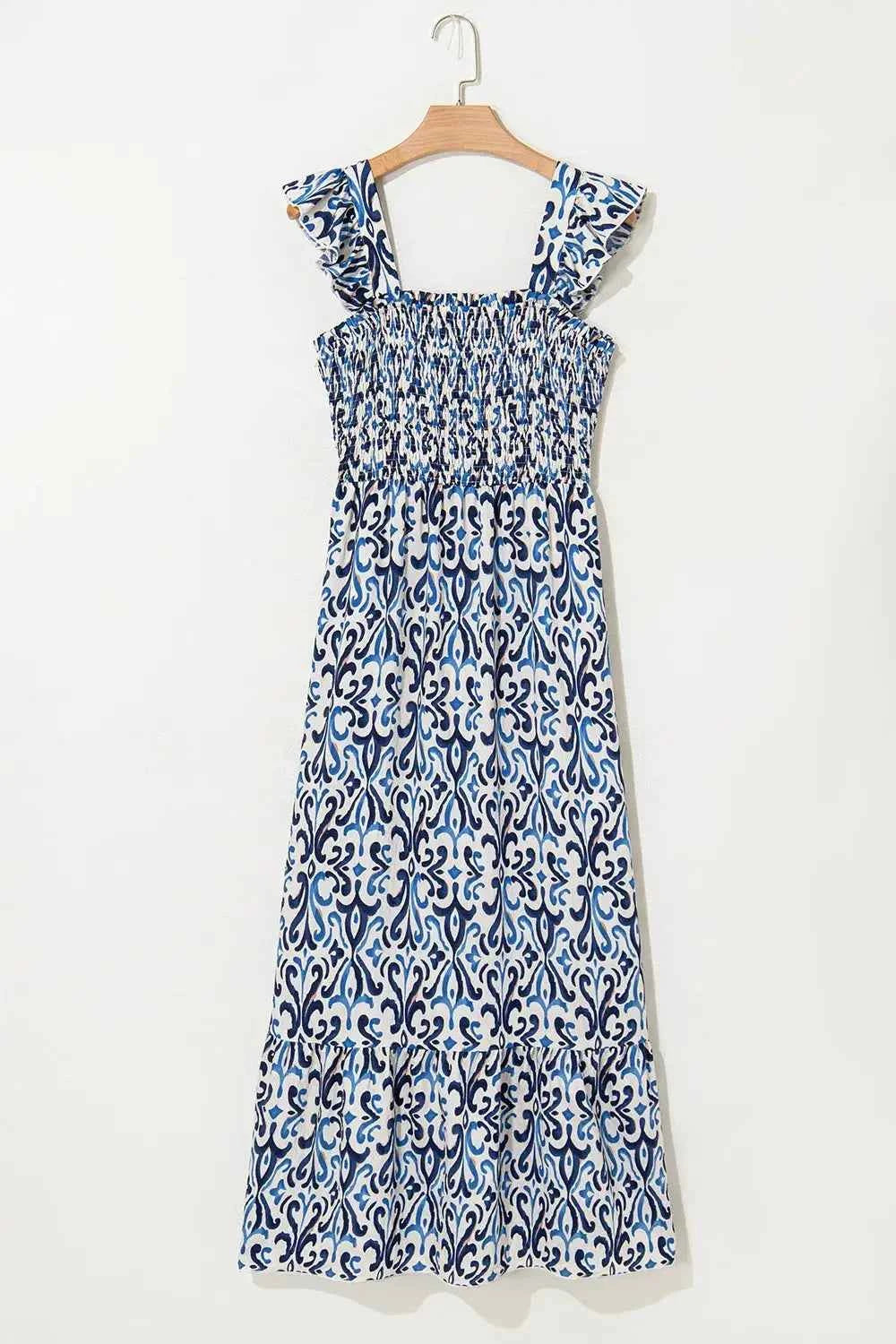 Smocked Printed Square Neck Boho Tiered Midi Dress