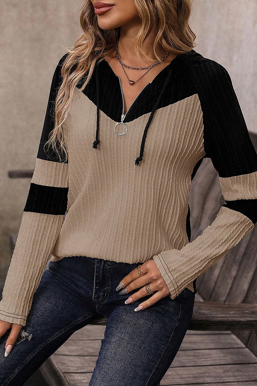 Parchment Textured Colorblock Long Sleeve Quarter Zip Drawstring Hooded Sweatshirt