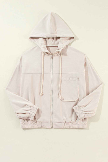 Solid Corduroy Zip-Up Pocketed Hooded Jacket