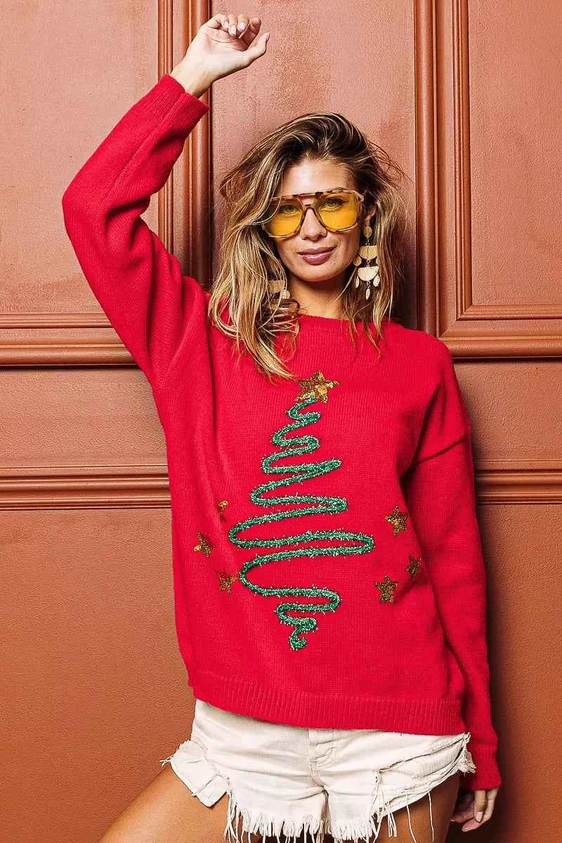 BiBi Sequin Star Tinsel Christmas Sweater
