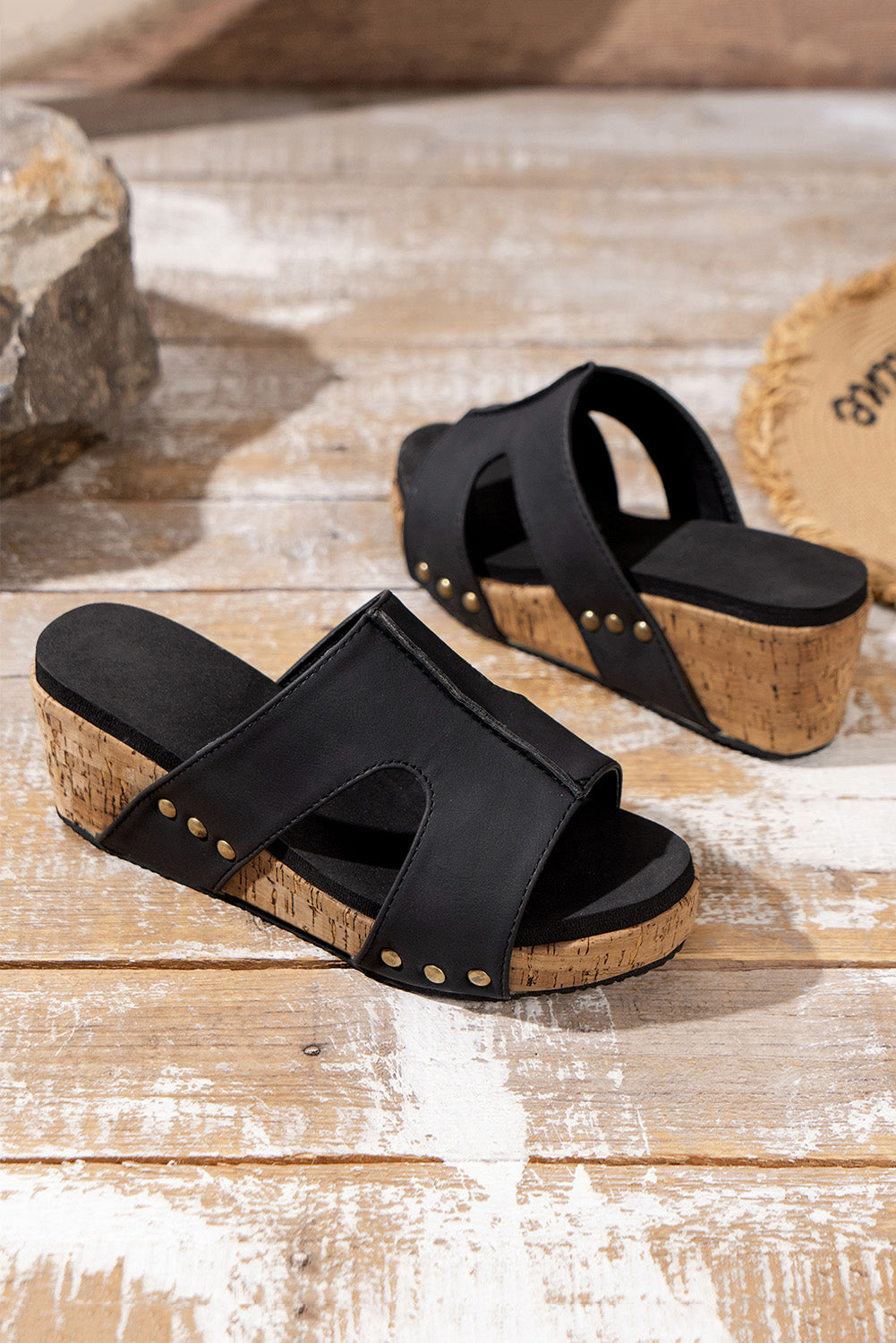 Black Cut Out Rivet Slip-on Wedge Sandals