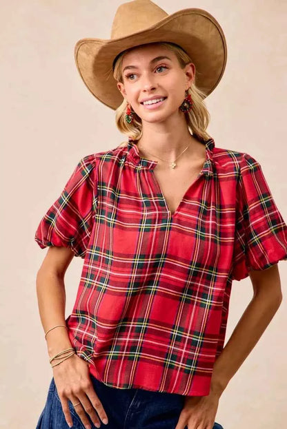 BiBi Christmas Plaid Short Sleeves Ruffled Blouse