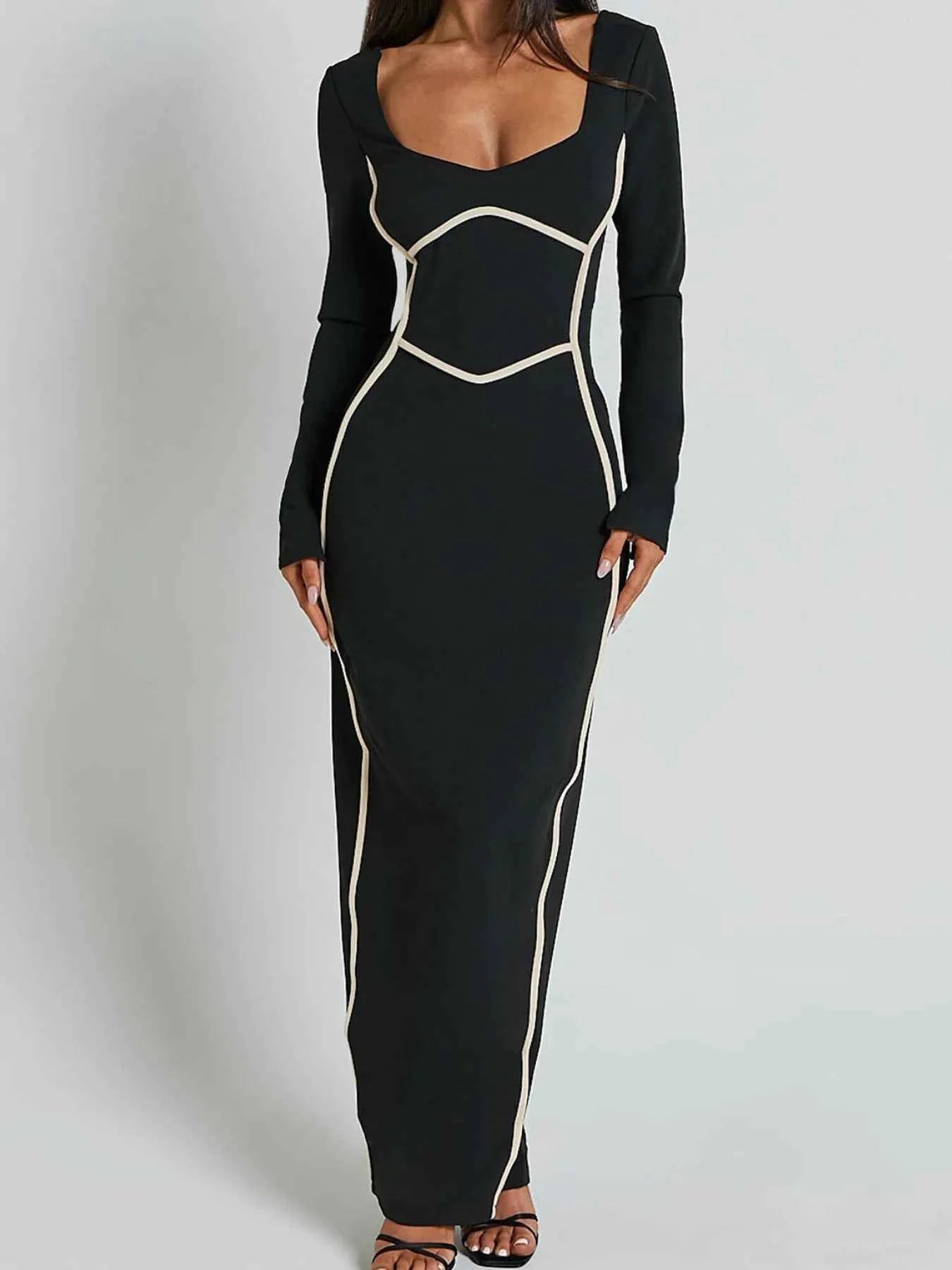 Contrast Trim Long Sleeve Bodycon Maxi Dress