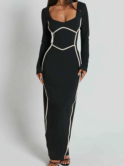 Contrast Trim Long Sleeve Bodycon Maxi Dress